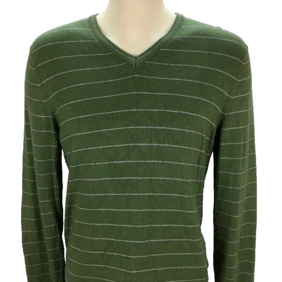 Banana Republic Cashmere Silk‎ Vneck Sweater M Green Stripe Pullover Mens - Picture 1 of 5